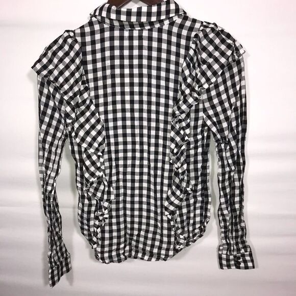 Women's NWT Francesca's Gingham Black and White Ruffle Button Down Shirt - Picture 4 of 8